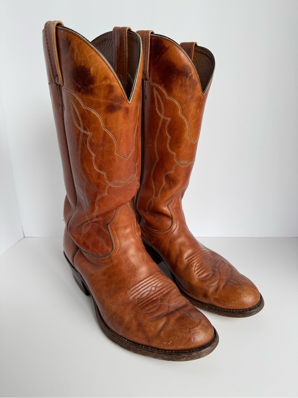 Vintage Boulet Leather Cowboy Boots Mens 10 Cognac Brown Western Ranch Patina